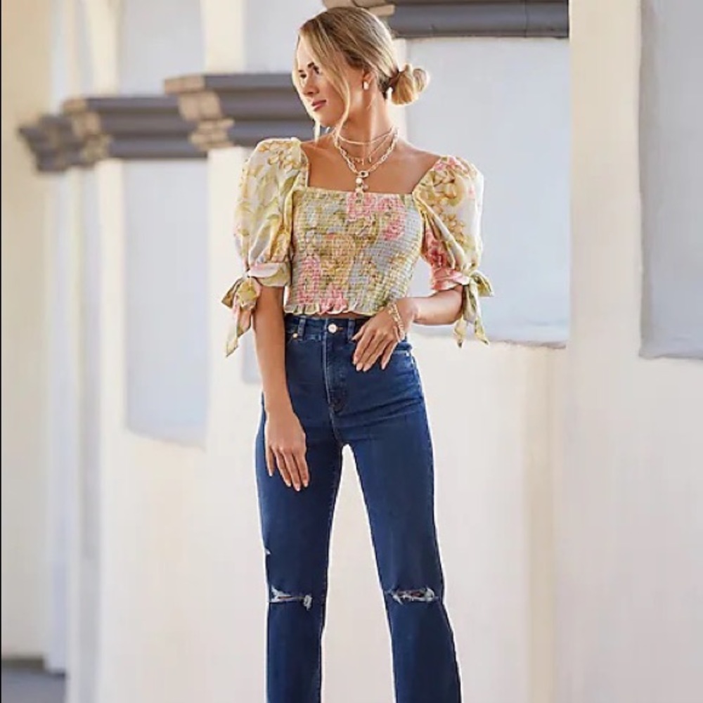 Floral Square Neck Smocked Top - Express